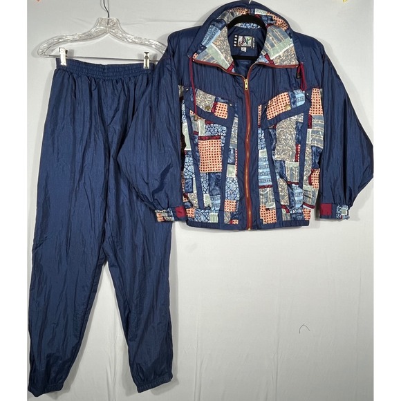 River Edge Sport Pants - Vtg 90s Y2K Floral Patchwork Tracksuit Sm Navy‎ Blue Windbreaker 2pc Set Whimsy